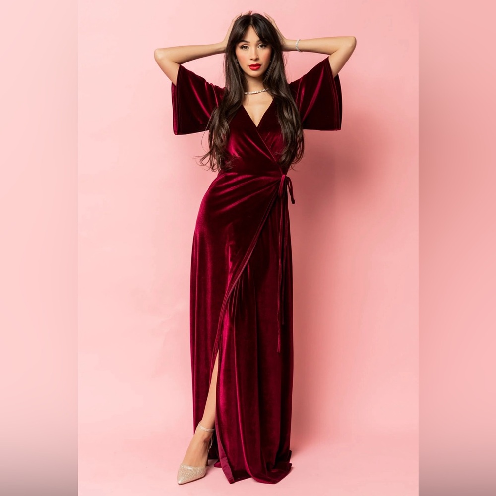 Meghan Velvet Wrap Maxi Dress in Mulberry
